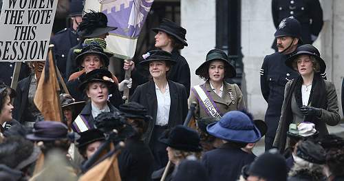 movie still, Suffragette, Anne Marie Duff, Carey Mulligan, Helena Bonham Carter; 500x263