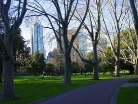 Melbourne's skyline seen from the Queen Victoria Gardens. photograph (c) 2005 Ali Kayn