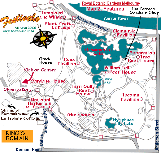 Map, features of the Royal Botanic Gardens, Melbourne, Victoria, Australia