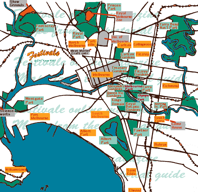 Festivale map of Melbourne and environs (c) Ali Kayn 1998 51K