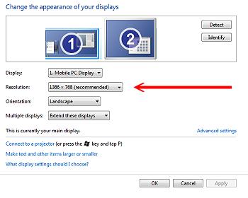 Windows 7 Screen Resolution dialog box; 350x280