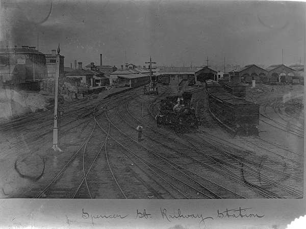 Spencer Street Railway Station, black and white image; 600x450